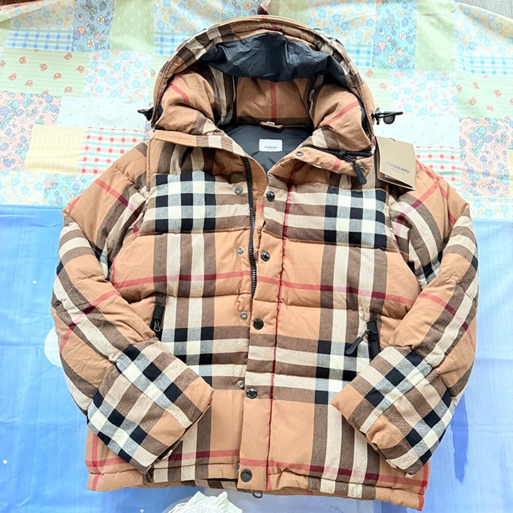 Burberry Men's Detachable Sleeve Check Cotton Hooded Puffer Jacket